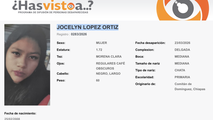 Jocelyn López Ortíz desaparecida en Comitán