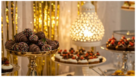 mesa de dulces de chocolate dorado