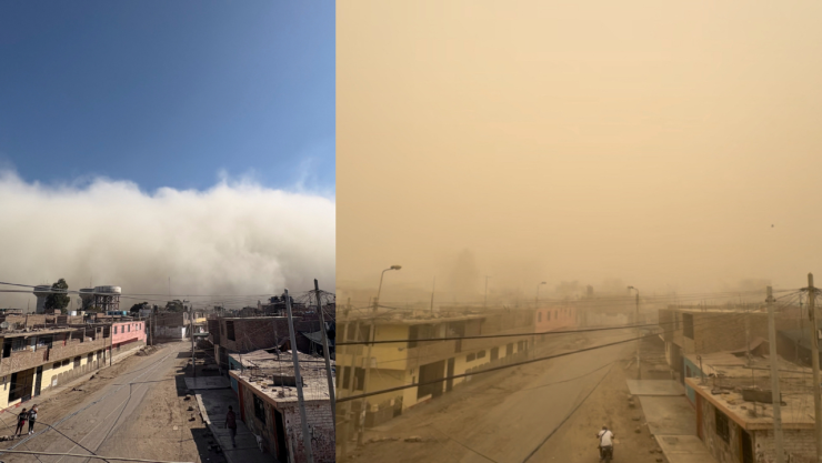 paisaje urbano de Lima bajo una densa tormenta de arena de color ocre, causada por los vientos paracas, que afecta la visibilidad de los edificios y el