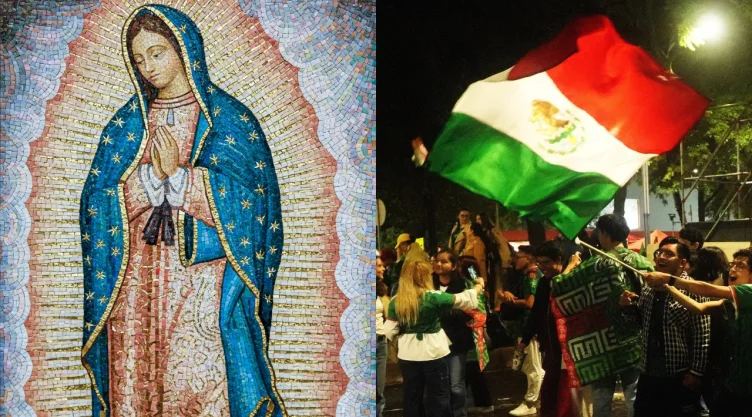 Imagen de la Virgen de Guadalupe y de aficionados de la Selección Nacional.