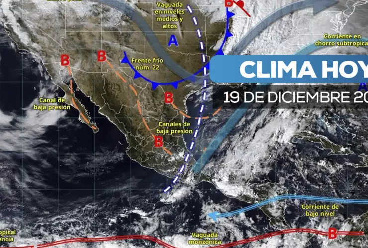 Mapa del Servicio Meteorológico Nacional con la ubicación del frente frío 22 y sistemas atmosféricos que afectan el clima en México.