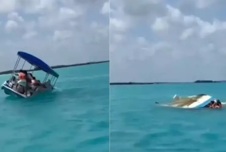 Captan momento exacto del hundimiento de una lancha con turistas en Tulum
