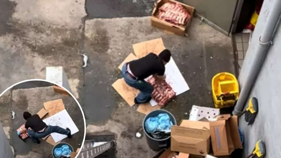 Graban a trabajador azotando carne cruda en el suelo
