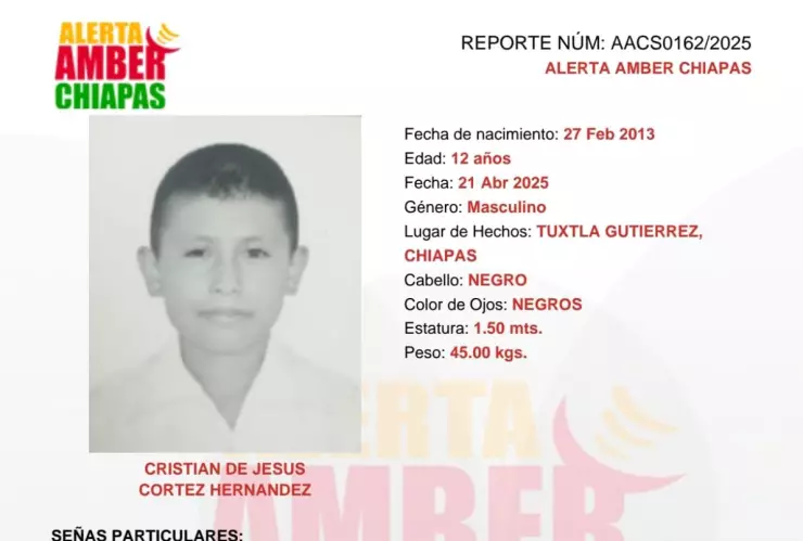 ALERTA AMBER CHIAPAS: Cristian de Jesús Cortés Hernández desapareció en Tuxtla Gutiérrez