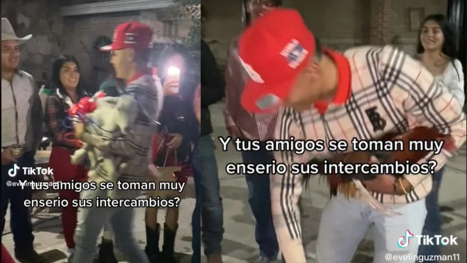 Joven regala cabra y recibe gallo en intercambio.