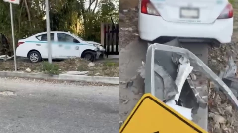 ¡Salió huyendo! Conductor de taxi abandona su vehículo tras estrellarlo en Av. Constituyentes en Playa del Carmen