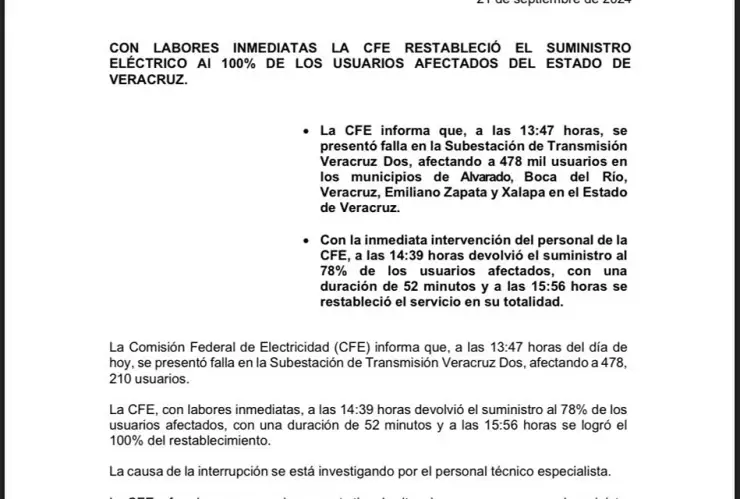 El comunicado oficial de la CFE por el apag&oacute;n en Veracruz