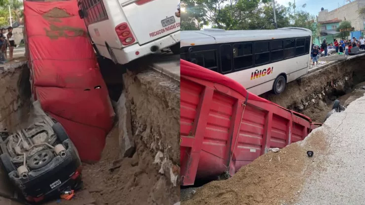 Se forma gran socavón en Jalisco, un auto y dos camiones caen.
