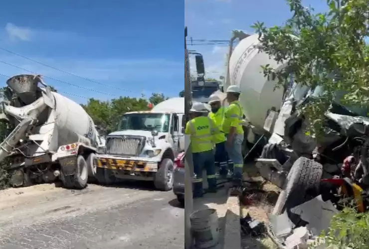 Aparatoso accidente_ camión de cemento impactado por volquete en Av. Bonampak de Cancún; hay un lesionado.jpg