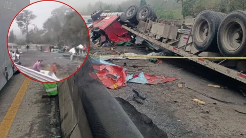 Tráiler vuelca sobre la carretera Xalapa-Perote y habitantes se llevan los tubos