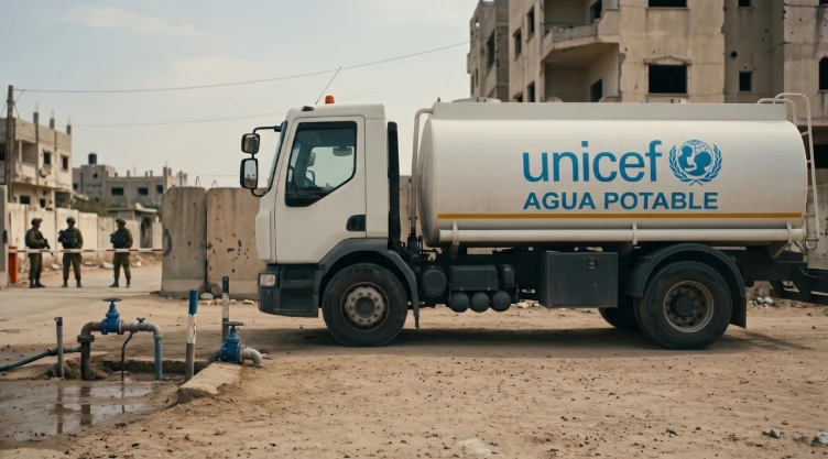 Camión cisterna de UNICEF con el logo de “Agua Potable” estacionado en el punto de carga de Mansoura en Gaza, con edificios dañados y soldados al fondo en un entorno de conflicto.