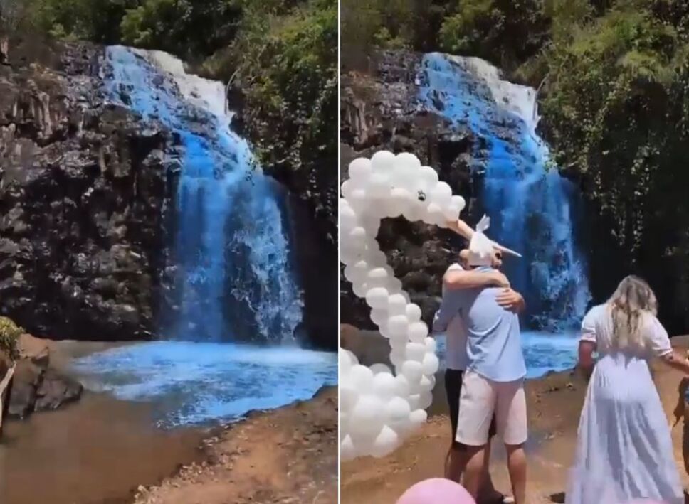 Pareja tiñe agua de una cascada para revelar el sexo de su bebé