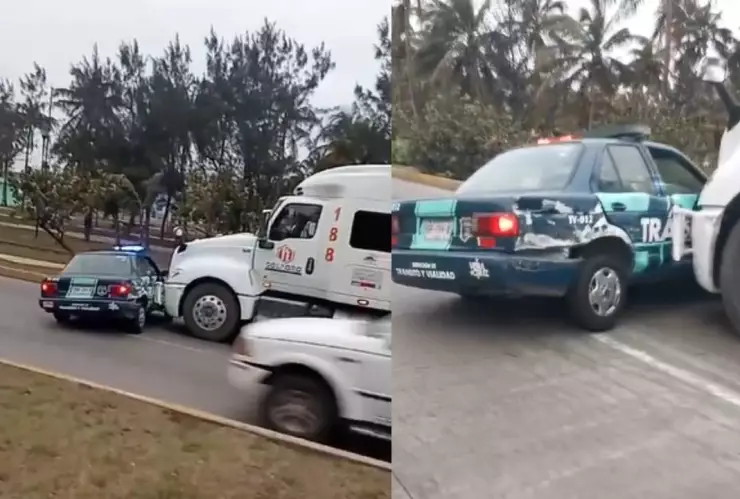 trailer arrastra patrulla de transito en Veracruz.