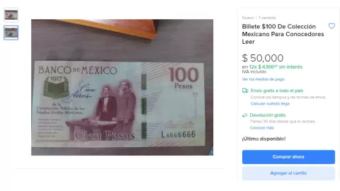 Billete de 100 pesos de venta en Internet