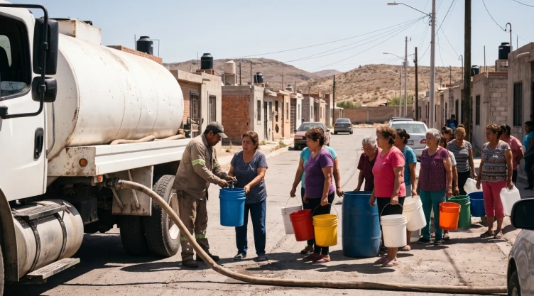 Vecinas hacen fila en la calle con cubetas y tambos para recolectar agua de una pipa ante los cortes de agua masivo en Chihuahua.