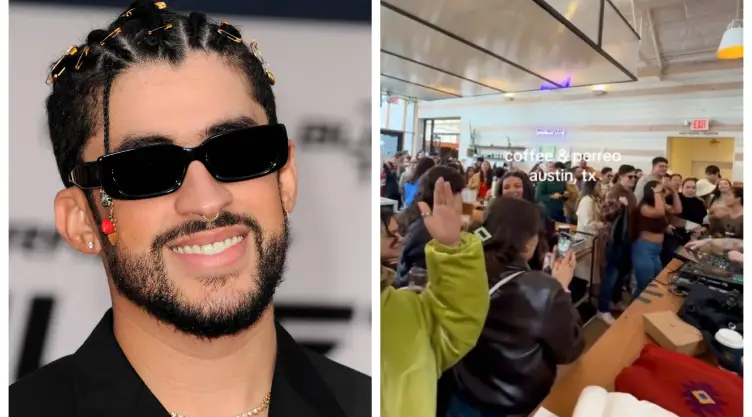 una pantalla partida de la cara de Bad Bunny y el video viral de TikTok
