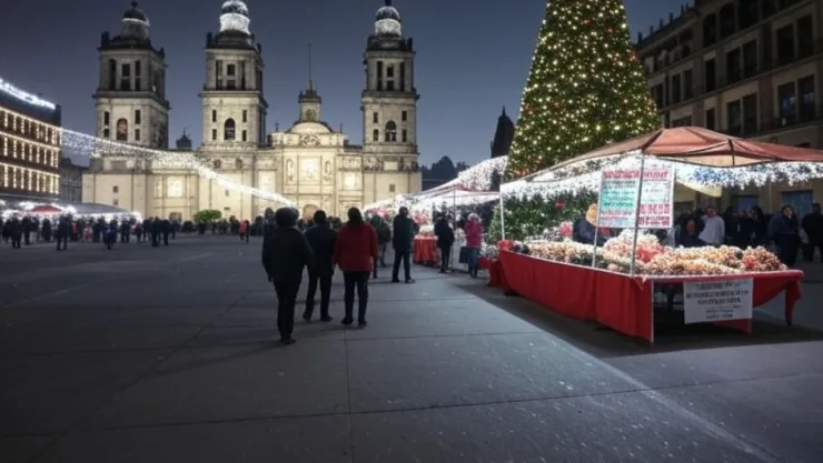 La catedral de la CDMX, en la plancha del Zócalo, donde los ciudadanos caminan protegidos por las fuertes heladas de Navidad.