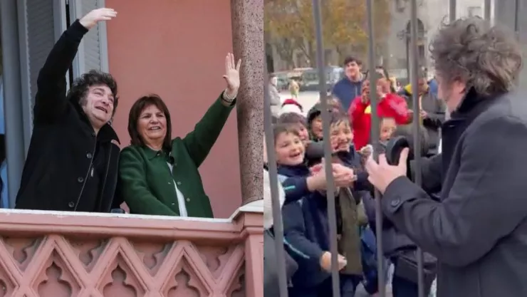 presidente-milei-baja-balcón-casa-rosada-saludar-niños-en-plaza-de-mayo