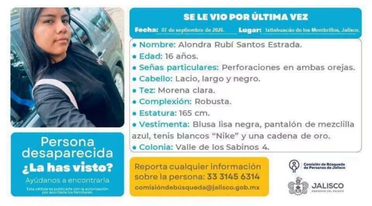Desaparece Alondra Rubí Santos Estrada en Jalisco: estudiante tiene 16 años.