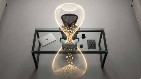 Una composición conceptual de alta gama. Un escritorio de oficina moderno visto desde arriba; la silla de oficina está en el centro de un reloj de arena gigante hecho de luz. La arena que cae son pequeños iconos digitales de salud (corazones, rayos de energía) que se desvanecen al llegar al fondo.