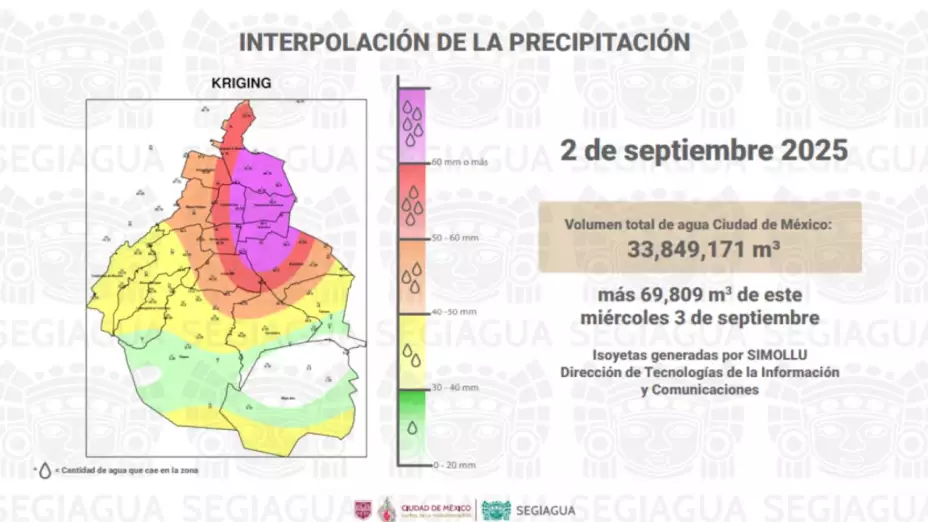 Imagen de SEGIAGUA muestra la interpolación de la precipitación del 2 de septiembre de 2025.