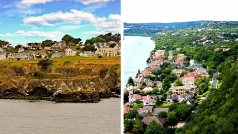 una imagen dividida de la ciudad de Mendocino, California y el lago Austin, Texas.