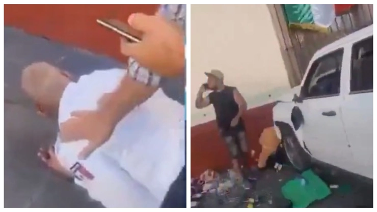 Trágico accidente en Aguascalientes: Conductor arrolla y mata a comerciante de artesanías; policía resulta herido. En la imagen se observa cómo la camioneta impactó contra el negocio de de artesanías y las heridas sufridas del policía mientras era atendido.