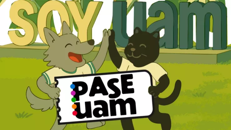 La mascota del Colegio de Bachilleres y la UAM chocando las manos en celebración del Pase UAM 2025.
