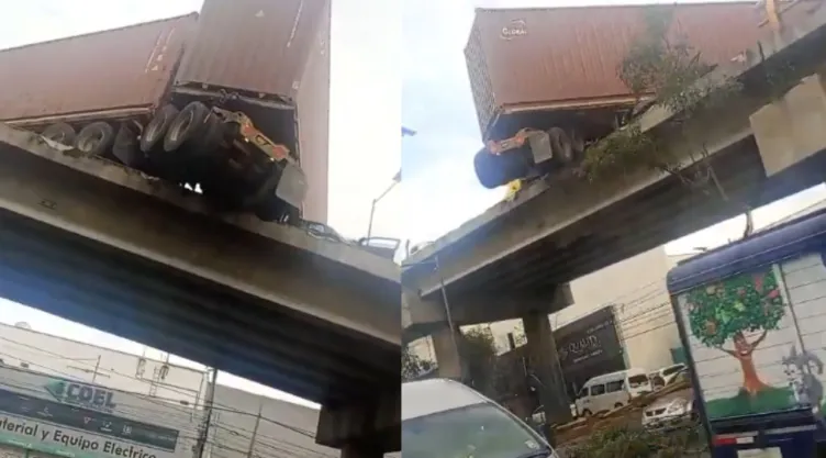 VIDEO: ¡Alerta en Naucalpan! Accidente deja a tráiler a punto de caer desde puente