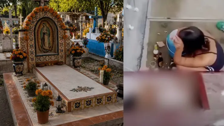 Mujer borracha desentierra a su marido para seguir peleando con él; así la captaron