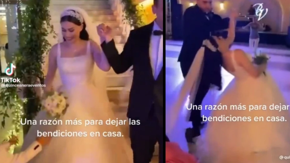 Niño le jala el velo a una novia y casi la tira