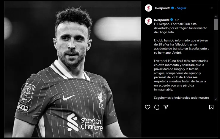 El mensaje del Liverpool ante la confirmación de la muerte de Diogo Jota