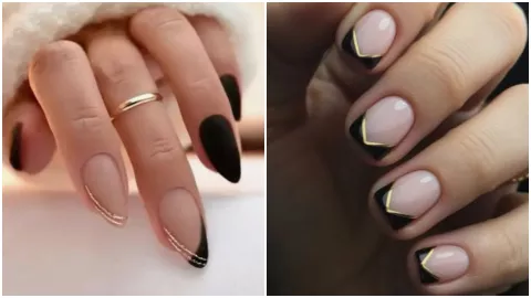 uñas beige con dorado y negro