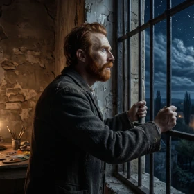 Recreación de Vincent van Gogh observando detenidamente la luna y las estrellas desde los barrotes de su habitación en el asilo.
