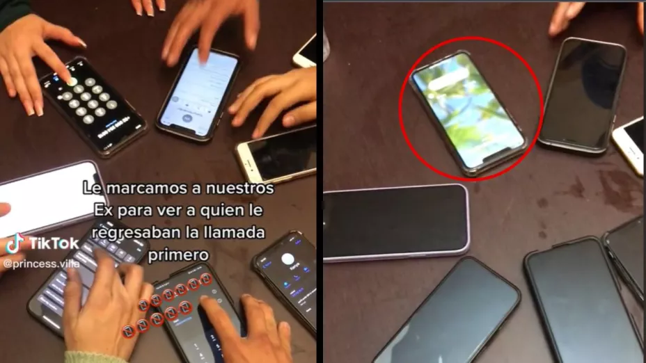 una mesa con siete celulares a uno le entra una llamada de su ex novio por un reto de tiktok