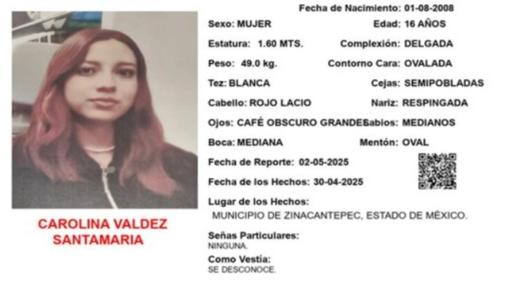ALERTA AMBER: ¡Urgente! Carolina Valdez Santamaría desapareció en Zinancatepec, Edomex