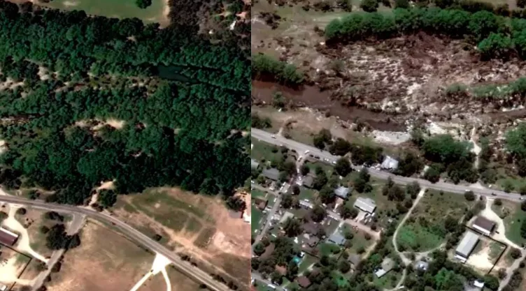 Imagen satelital de las inundaciones en Texas desde el espacio: campos llenos de lodo y destrozados.