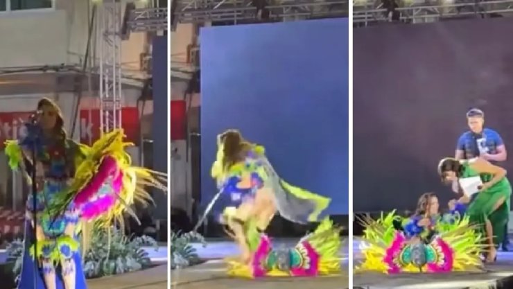 Video Se electrocuta reina de belleza en pleno desfile, cae al suelo