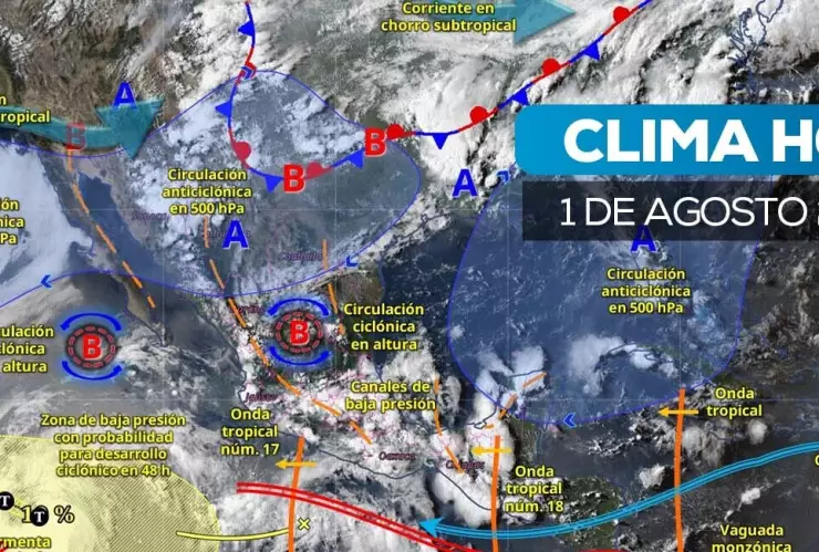 Consulta el pronóstico del clima para el 1 de agosto: lluvias intensas, calor extremo y alerta por tormenta tropical Gil en el Pacífico.