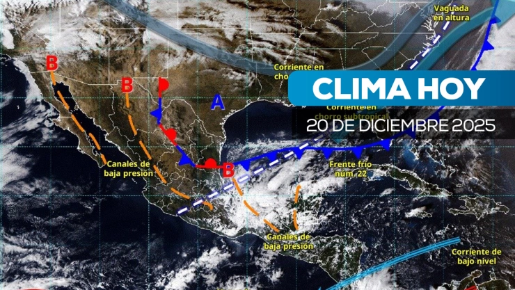 Mapa de sistemas meteorológicos en México que muestra el frente frío 22, canales de baja presión y zonas con lluvias intensas en Veracruz, Tabasco, Chiapas y Campeche.
