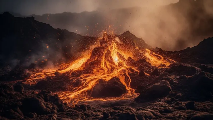 Volcán en erupción de noche