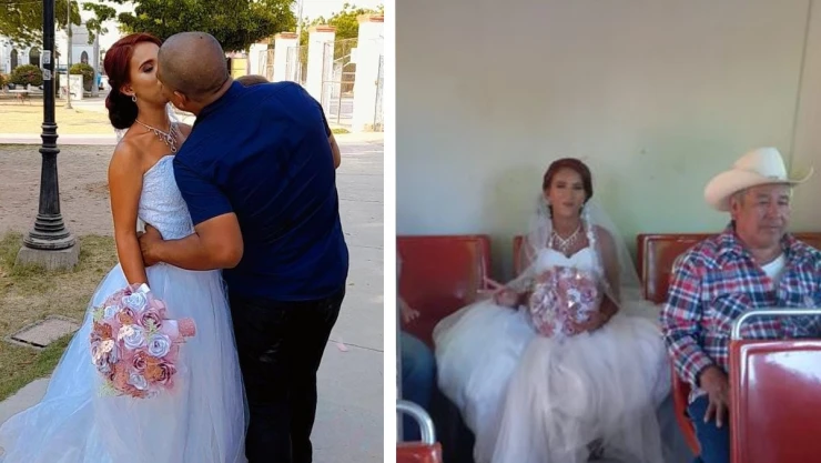 novia llega en camión a la iglesia