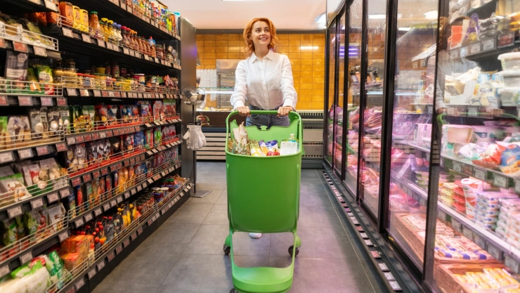 Una mujer de compras en un pasillo.
