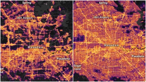 Un mapa del antes y después de Houston tras las tormentas.