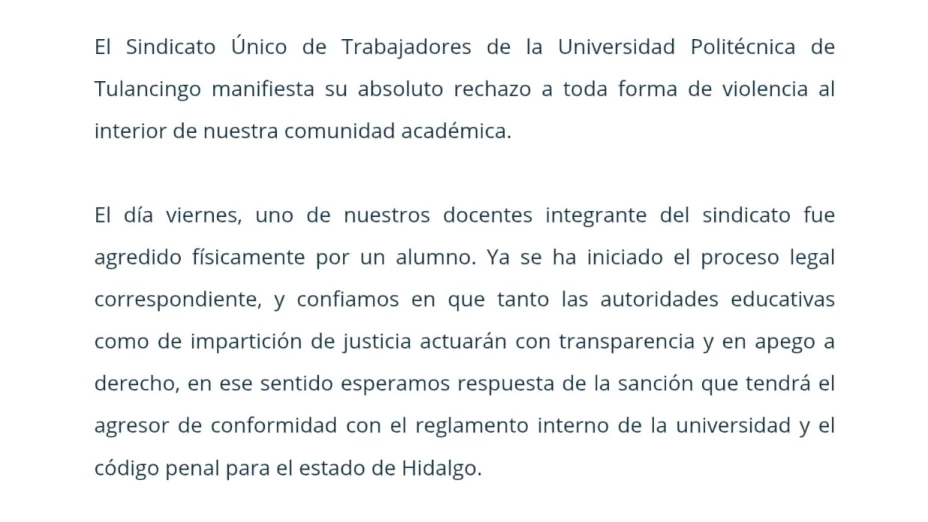 comunicado sindicato universidad politécnica de Tulancingo