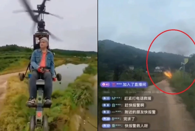 Influencer Tang Feiji en un helicóptero ultraligero en China