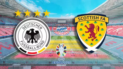 Escudos de la selección de Alemana y Escocia con el logo de la Euro 2024. El estadio Allianz Arena de fondo