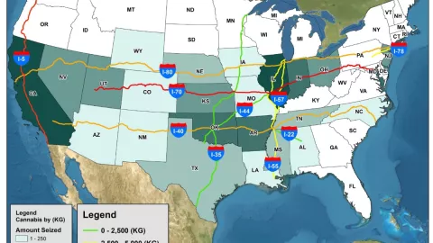 Incautaciones de marihuana en las 10 carreteras interestatales más transitadas de EU, por peso, 2024
