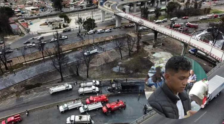 Una vista de un dron muestra a los bomberos enfriando los restos carbonizados de un tráiler, uno de los vehículos dañados en la explosión de Iztapalpa.