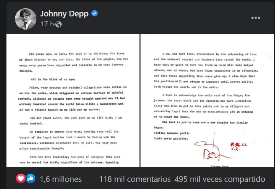 Johnny Depp rompe el silencio tras haber ganado juicio de difamación